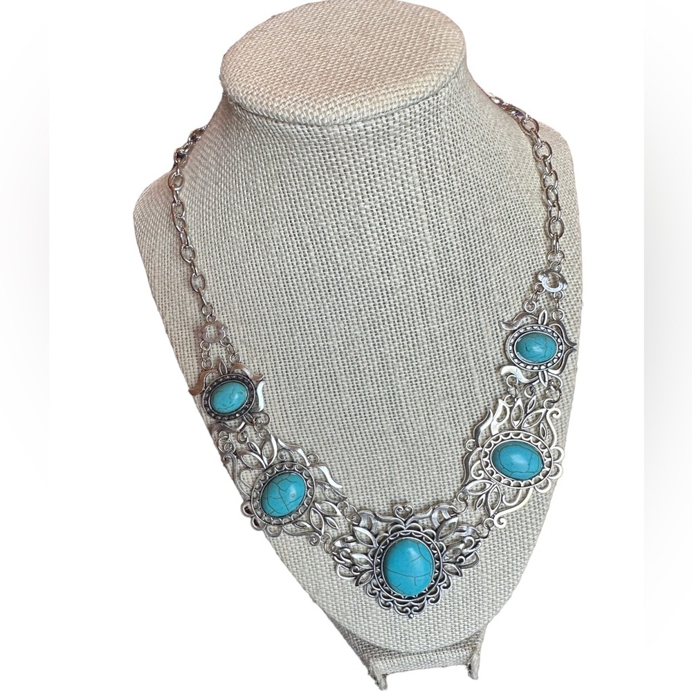 Silver and Turquoise Ancient Design Adjustable Necklace
